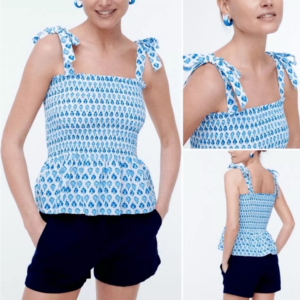 J Crew Tank Top Womens Size M White Blue Floral Print Smocked Tie Shoulder